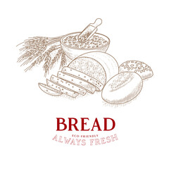 Bakery emblem. Hand drawn sketch with bread, pastry, sweet. Bakery set in engraved style