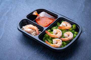 healthy food delivery for take away boxes for daily nutrition on blue background, ready to eat lunchbox, healthy lifestyle concept, diet food. nutrition food.