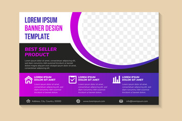 horizontal flyer design template for best seller product. half oval shape for space for photo. purple blue gradient element and border. black background use white ornament infographic.