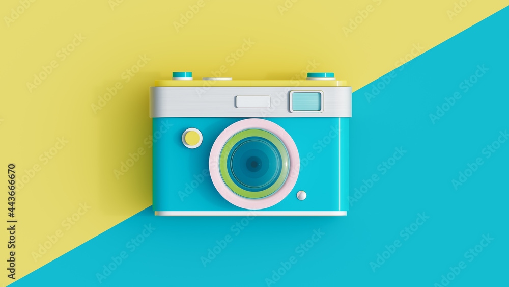 Wall mural top view of retro camera on yellow and blue background. summer travel concept. 3d rendering, 3d illu