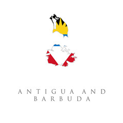 Antigua and Barbuda Map Flag. Map of Antigua and Barbuda with the national flag of Antigua and Barbuda isolated on white background.