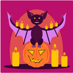 Vector illustration of a card for Halloween with a pumpkin and a bat on a pink background with candles. Pumpkin. Bat. Candle. Happy Halloween.