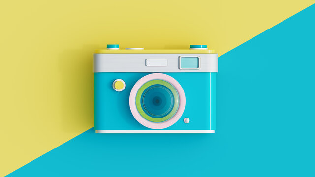 Top view of retro camera on yellow and blue background. Summer travel concept. 3D rendering, 3D Illustration