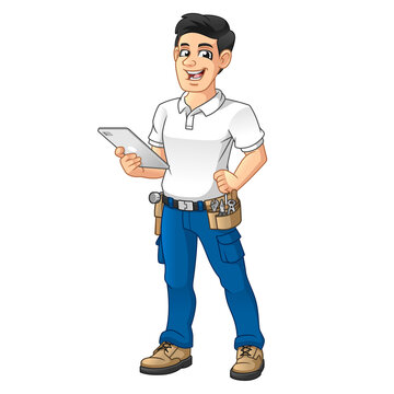 Handyman with a Tool Equipment Belt Holding Tablet