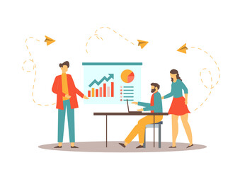 Boss explaining business regional marketing strategy to employees group using diagrams, notes on whiteboard. Staff planner meeting. Leader planning strategy. Flat vector character illustration