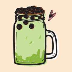 Vector sketch of bubble tea in a cup. popular drink. Hand drawn colorful illustration isolated on a white background. boba doodle art. bubble green tea