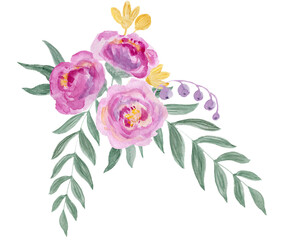 Watercolor drawing of peonies and leaves.