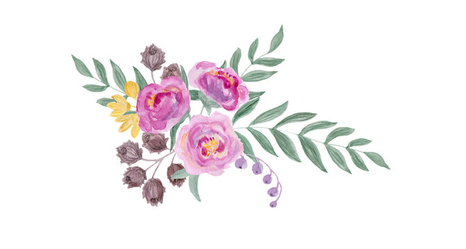 Watercolor drawing of peonies and leaves.