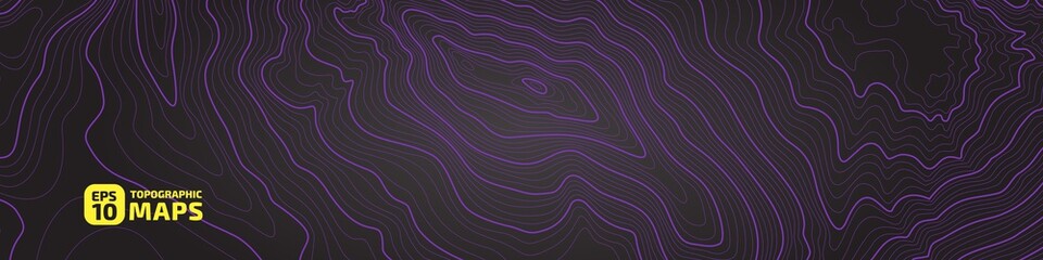 Stylized outlines of topographic lines. The concept of a conditional geographic scheme and trails of the area. Purple on black. Ultra wide size. Vector illustration.