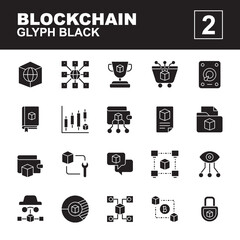 Icon Set Blockchain with glyph black style. Contains such of website, network, trophy, cart, book, wallet, maintenace, vision, P2P, sync and more. You can use for web, app and more. Editable stroke.