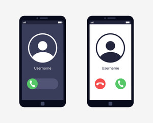 Call screen is installed on the smartphone. Accept button, reject button. Incoming call. Flat vector illustration