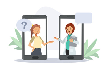 Patient consultation to the doctor by smartphone. Online medical support concet. Online doctor. Healthcare services, Ask a doctor.Flat vector cartoon character illustration.