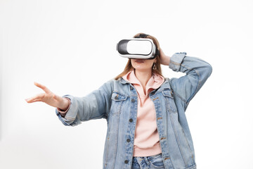 Young woman with virtual reality helmet isolated on white background