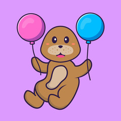 Cute dog flying with two balloons. Animal cartoon concept isolated. Can used for t-shirt, greeting card, invitation card or mascot. Flat Cartoon Style