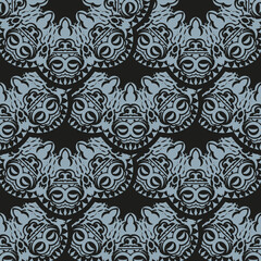Dark dewy seamless pattern with blue vintage ornaments. Wallpaper in a vintage style template. Indian floral element. Graphic ornament for wallpaper, fabric, packaging and paper.