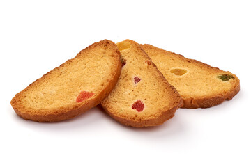Rusks with candied fruit, close-up, isolated on white background.