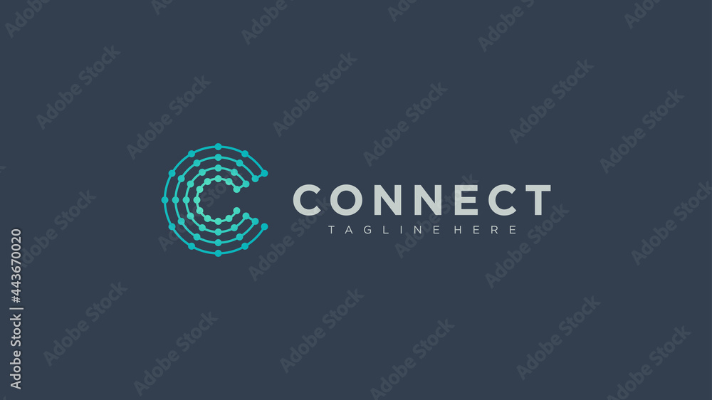 Poster abstract initial letter c logo. blue gradient circular line with connected dots isolated on blue bac