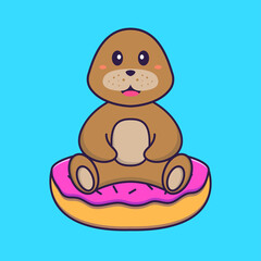 Obraz premium Cute dog is sitting on donuts. Animal cartoon concept isolated. Can used for t-shirt, greeting card, invitation card or mascot. Flat Cartoon Style