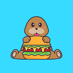 Cute dog eating burger. Animal cartoon concept isolated. Can used for t-shirt, greeting card, invitation card or mascot. Flat Cartoon Style