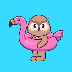 Cute owl With flamingo buoy. Animal cartoon concept isolated. Can used for t-shirt, greeting card, invitation card or mascot. Flat Cartoon Style