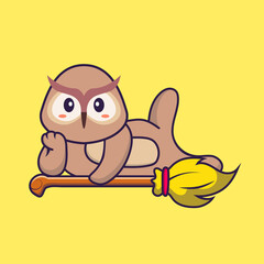 Cute owl lying on Magic Broom. Animal cartoon concept isolated. Can used for t-shirt, greeting card, invitation card or mascot. Flat Cartoon Style
