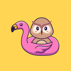 Cute owl With flamingo buoy. Animal cartoon concept isolated. Can used for t-shirt, greeting card, invitation card or mascot. Flat Cartoon Style