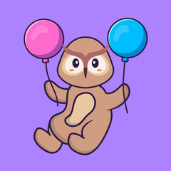 Cute owl flying with two balloons. Animal cartoon concept isolated. Can used for t-shirt, greeting card, invitation card or mascot. Flat Cartoon Style