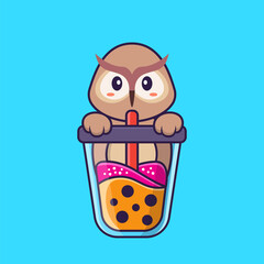 Cute owl Drinking Boba milk tea. Animal cartoon concept isolated. Can used for t-shirt, greeting card, invitation card or mascot. Flat Cartoon Style