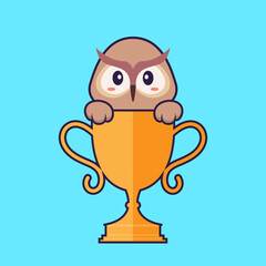 Cute owl with gold trophy. Animal cartoon concept isolated. Can used for t-shirt, greeting card, invitation card or mascot. Flat Cartoon Style