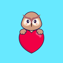 Cute owl holding a big red heart. Animal cartoon concept isolated. Can used for t-shirt, greeting card, invitation card or mascot. Flat Cartoon Style