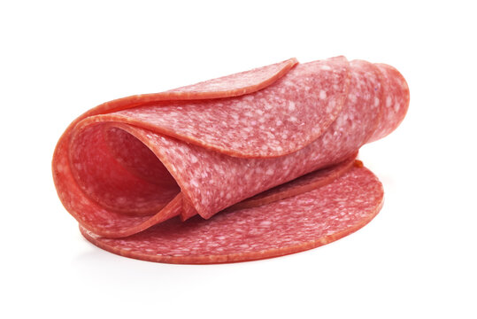 Salami smoked sausage slices, isolated on white background.