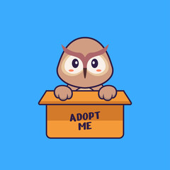 Cute owl in box with a poster Adopt me. Animal cartoon concept isolated. Can used for t-shirt, greeting card, invitation card or mascot. Flat Cartoon Style