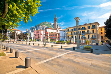 Town of Lecco on Como Lake central square and church view - obrazy, fototapety, plakaty