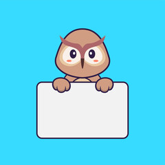 Cute owl holding whiteboard. Animal cartoon concept isolated. Can used for t-shirt, greeting card, invitation card or mascot. Flat Cartoon Style