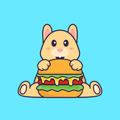 Cute rabbit eating burger. Animal cartoon concept isolated. Can used for t-shirt, greeting card, invitation card or mascot. Flat Cartoon Style