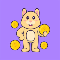 Cute rabbit holding coin. Animal cartoon concept isolated. Can used for t-shirt, greeting card, invitation card or mascot. Flat Cartoon Style