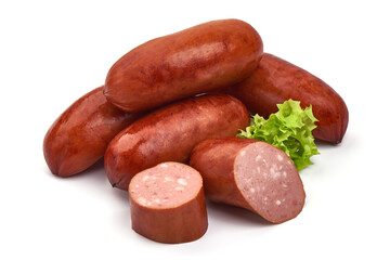 Roasted sausages, isolated on white background.