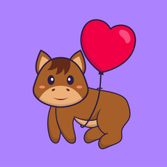 Cute horse flying with love shaped balloons. Animal cartoon concept isolated. Can used for t-shirt, greeting card, invitation card or mascot. Flat Cartoon Style