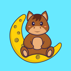 Cute horse is sitting on the moon. Animal cartoon concept isolated. Can used for t-shirt, greeting card, invitation card or mascot. Flat Cartoon Style