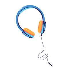 Cute wired headphones, earphones with cord and plug, flat style vector illustration isolated on white background. Flat style picture of blue wired headphones, earphones
