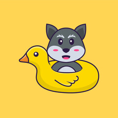 Cute fox With Duck buoy. Animal cartoon concept isolated. Can used for t-shirt, greeting card, invitation card or mascot. Flat Cartoon Style