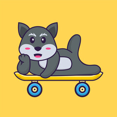 Cute fox lying on a skateboard. Animal cartoon concept isolated. Can used for t-shirt, greeting card, invitation card or mascot. Flat Cartoon Style