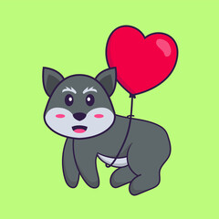 Cute fox flying with love shaped balloons. Animal cartoon concept isolated. Can used for t-shirt, greeting card, invitation card or mascot. Flat Cartoon Style