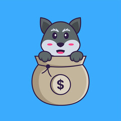 Cute fox playing in money bag. Animal cartoon concept isolated. Can used for t-shirt, greeting card, invitation card or mascot. Flat Cartoon Style