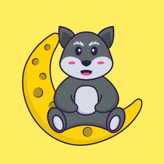Cute fox is sitting on the moon. Animal cartoon concept isolated. Can used for t-shirt, greeting card, invitation card or mascot. Flat Cartoon Style