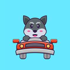 Cute fox is driving. Animal cartoon concept isolated. Can used for t-shirt, greeting card, invitation card or mascot. Flat Cartoon Style