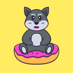 Cute fox is sitting on donuts. Animal cartoon concept isolated. Can used for t-shirt, greeting card, invitation card or mascot. Flat Cartoon Style