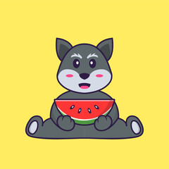 Cute fox eating watermelon. Animal cartoon concept isolated. Can used for t-shirt, greeting card, invitation card or mascot. Flat Cartoon Style