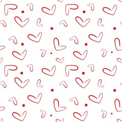Seamless pattern with red linear hearts on white background. Love motifs. For Valentine's Day, print, fashion, accessories, textile, media, package, wrapping, wallpaper, background.