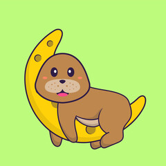 Cute dog is on the moon. Animal cartoon concept isolated. Can used for t-shirt, greeting card, invitation card or mascot. Flat Cartoon Style